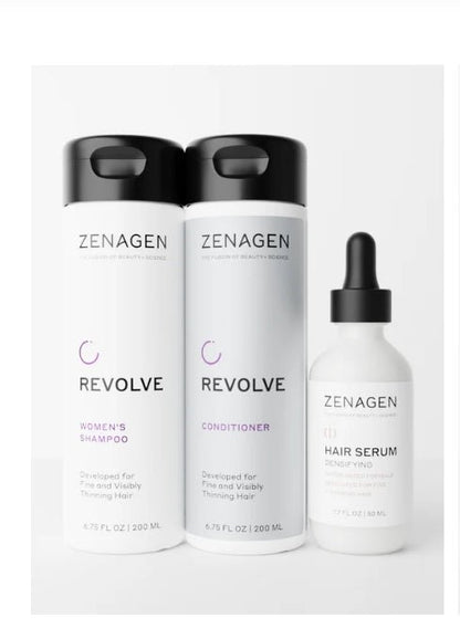 Zenagen Women's Trio Kit box with Revolve shampoo conditioner and densifying serum - complete thinning hair system